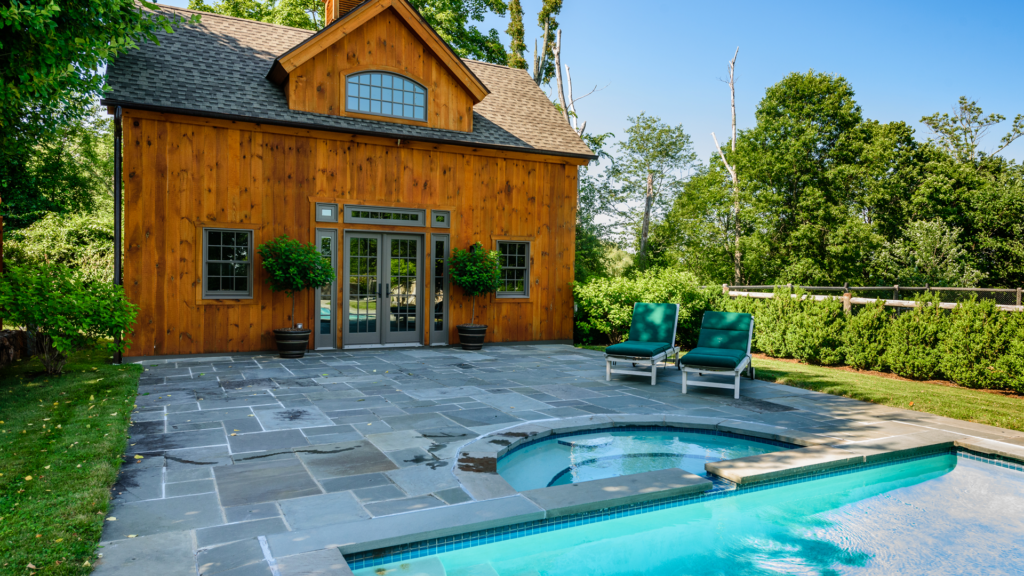 post beam style timber frame pool house northern white pine anderson french doors cupola bluestone patio gunnite pool spa copper top sikkens certol katonah westchester