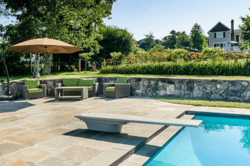 entertainment patio gunnite pool spa bluestone fieldstone landscaping katonah westchester