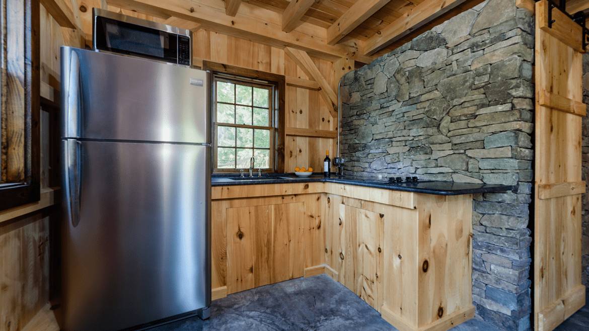 timber frame pool house kitchenette